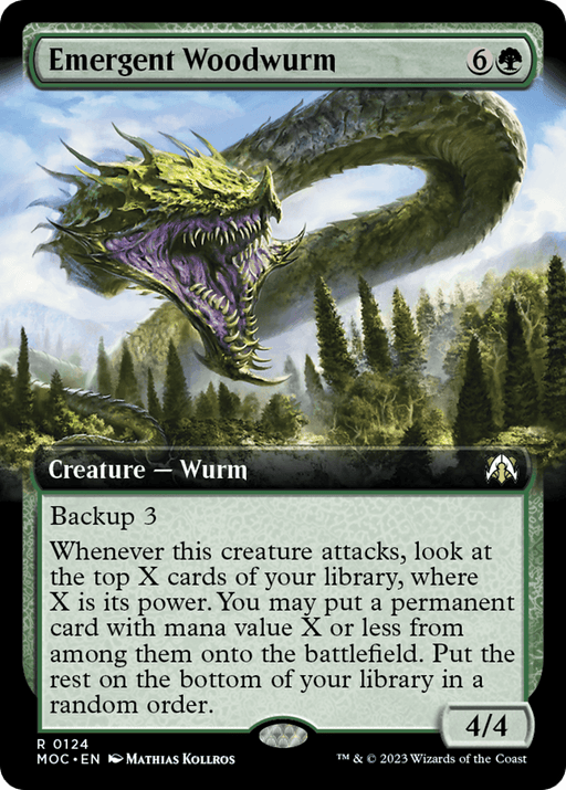 A Magic: The Gathering card titled "Emergent Woodwurm (Extended Art) [March of the Machine Commander]." This Rare card from the March of the Machine Commander set features a towering green Wurm with yellow accents roaring in a forested landscape. Costing 6 colorless mana and 1 green mana, this 4/4 creature has Backup 3 and a unique ability tied to its power.