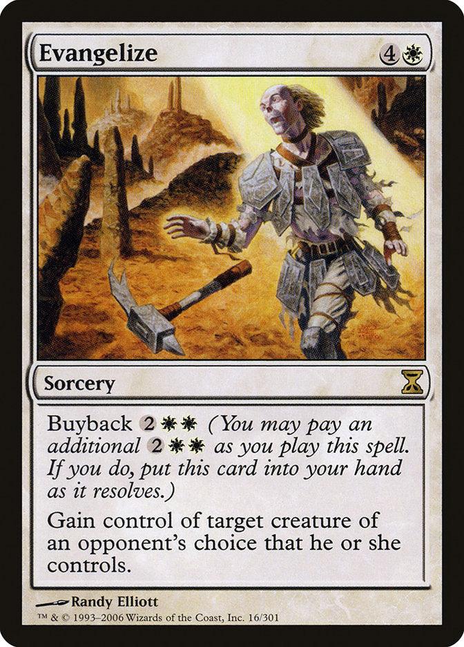 The unique fantasy card "Evangelize" from Magic: The Gathering's Time Spiral series features an armored figure wielding a staff set against a desert landscape with ruins and a golden sky. This sorcery card, illustrated by Randy Elliott, outlines its strategic effects and buyback cost.