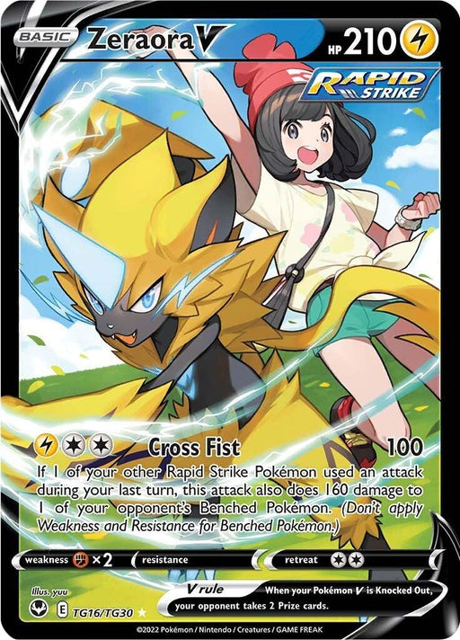 A Pokémon Zeraora V (TG16/TG30) [Sword & Shield: Silver Tempest] card featuring the Ultra Rare Zeraora V with 210 HP. The main attack, "Cross Fist," deals 100 damage. An excited female trainer and lush greenery are in the background, with logos for Rapid Strike and V rule present.