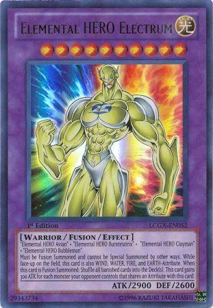 A Yu-Gi-Oh! trading card titled "Elemental HERO Electrum [LCGX-EN052] Ultra Rare" from the Legendary Collection 2. The card features an illustration of a muscular green superhero with a glowing chest emblem and electrical energy surrounding his body. It's a 1st Edition Fusion Monster with attributes: Warrior/Fusion/Effect, ATK 2900, DEF 2600.