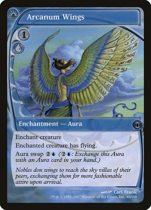 The Arcanum Wings [Future Sight] Magic: The Gathering card features a winged woman with colorful, feathered wings, standing with her back to the viewer. Lush foliage frames the top corners. This enchantment aura grants the enchanted creature flying and an ability called Aura Swap.