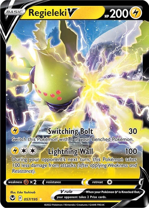 A Regieleki V (057/195) [Sword & Shield: Silver Tempest] card from the Pokémon series. The card has a yellow and black border with "BASIC" at the top. Regieleki, an electric-type Pokémon, is depicted with electric sparks. Its attacks are "Switching Bolt" and "Lightning Wall." It boasts 200 HP, is weak to fighting types, and has a retreat cost of 1.