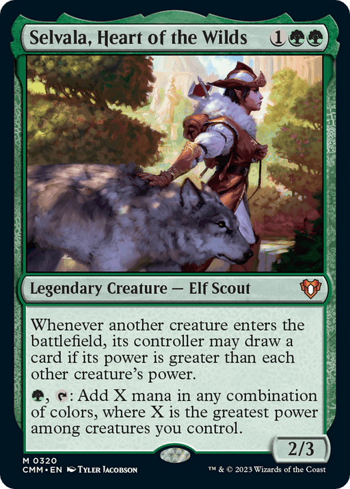 A "Magic: The Gathering" card titled "Selvala, Heart of the Wilds [Commander Masters]." This Legendary Creature features an Elf Scout with a large wolf in a forest. As part of the Magic: The Gathering series, it costs 1 green and 2 colorless mana, is rare, and has power/toughness 2/3. It has abilities involving card drawing and generating mana.