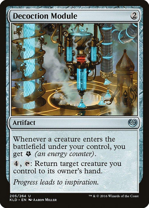 A Magic: The Gathering card titled "Decoction Module [Kaladesh]" from the Kaladesh set, costing 2 colorless mana. This Artifact card showcases an intricate contraption with glowing blue elements. It gains energy counters and can return creatures to their owner's hand. Card number: 205/264.