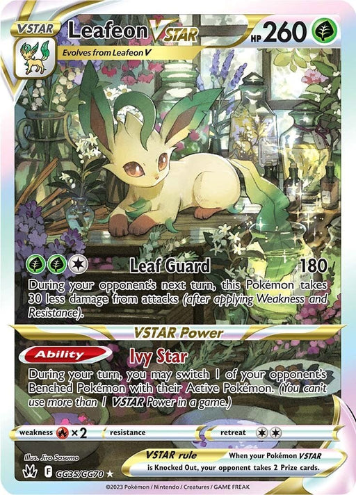 The Leafeon VSTAR (GG35/GG70) Pokémon card from the Crown Zenith set in the Sword & Shield series features Leafeon, an adorable green-leaf-themed creature, depicted on a grassy field. This Secret Rare card has 260 HP and showcases abilities such as Leaf Guard and Ivy Star. The card details its evolution, energy type, stats, and abilities with vibrant colors and intricate patterns.