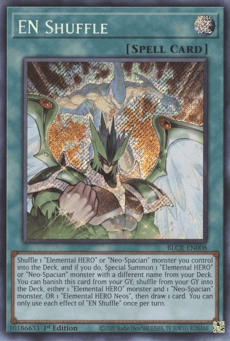 A Yu-Gi-Oh! card titled "EN Shuffle [BLCR-EN008] Secret Rare" with a blue border indicating it is a spell card. The artwork features an Elemental HERO figure holding a glowing cube, surrounded by green, mystic energy. Instructions and effects involving Neo-Spacian fusion are detailed in the description box below the image.