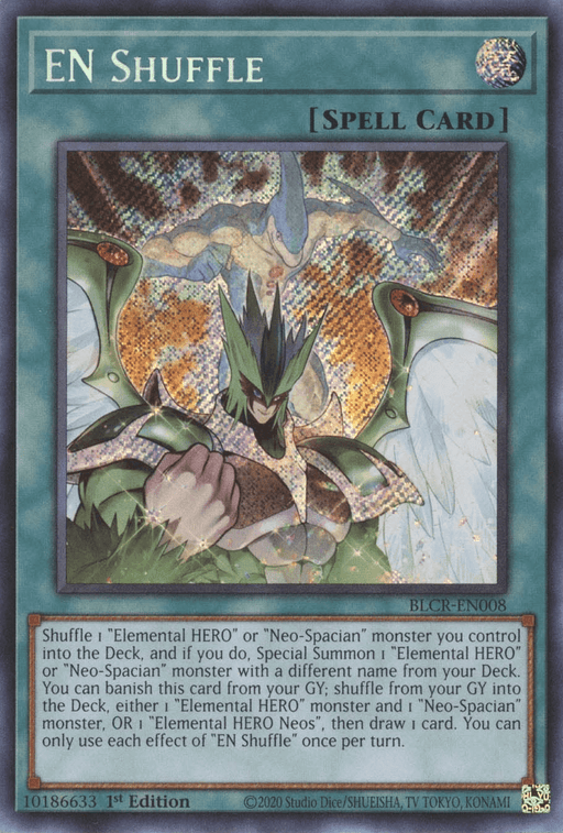 A Yu-Gi-Oh! card titled "EN Shuffle [BLCR-EN008] Secret Rare" with a blue border indicating it is a spell card. The artwork features an Elemental HERO figure holding a glowing cube, surrounded by green, mystic energy. Instructions and effects involving Neo-Spacian fusion are detailed in the description box below the image.