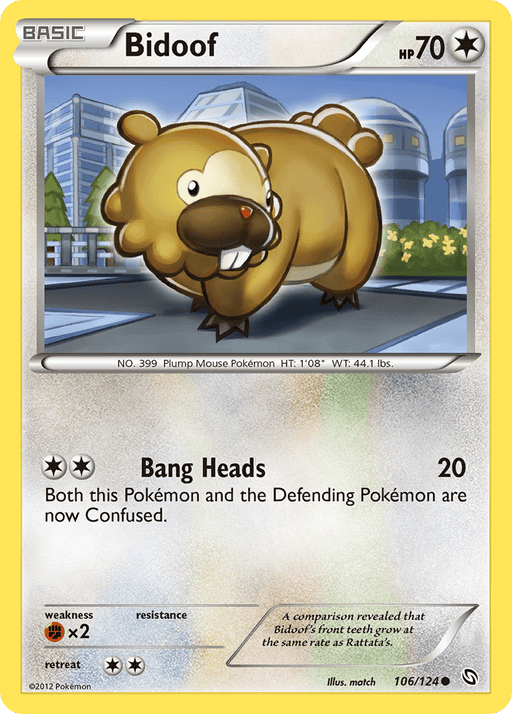 A common Pokémon trading card from the  Pokémon Black & White: Dragons Exalted set featuring Bidoof (106/124) [Black & White: Dragons Exalted]. The card shows an illustration of the colorless Bidoof walking on a metallic surface with a futuristic cityscape in the background. Bidoof has brown fur, large front teeth, 70 HP, and the move "Bang Heads," causing Confusion for both Pokémon.