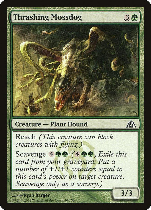 A Magic: The Gathering product titled Thrashing Mossdog [Dragon's Maze] depicts a monstrous, green, plant-covered creature hound with multiple legs and sharp teeth. The card's cost is 3 and a green mana. It has 3 power and 3 toughness, with key abilities including Reach and Scavenge (cost: 4 and 2 green mana).