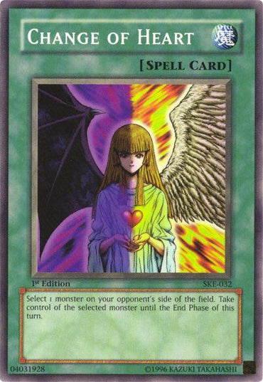 The Yu-Gi-Oh! card "Change of Heart [SKE-032] Common" from Starter Deck: Kaiba Evolution shows a robed figure with angelic and demonic wings amid a contrasting feathered light and fiery darkness, symbolizing its power to control another monster.