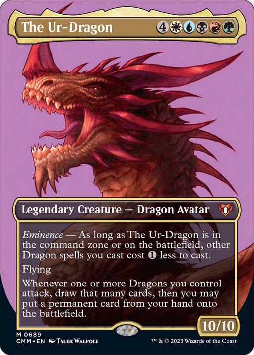 A Magic: The Gathering card displaying "The Ur-Dragon (Borderless Profile) [Commander Masters]," a 10/10 Legendary Creature - Dragon Avatar from Magic: The Gathering. The card art depicts a fearsome dragon with red scales and sharp teeth against a purple background. Eminence allows Dragon spells to cast 1 less. Abilities include Flying and drawing cards.