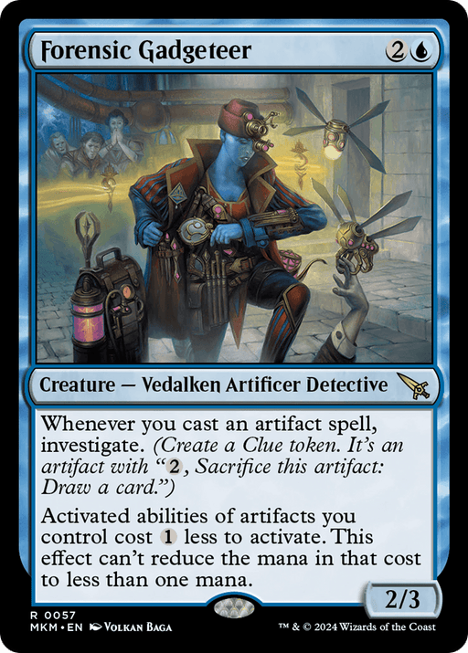 A Magic: The Gathering card titled "Forensic Gadgeteer [Murders at Karlov Manor]" depicts a blue-skinned Vedalken Artificer Detective in detective attire with a magnifying glass and mechanical arm. The card's text details investigation and artifact activation abilities. It's a blue card with a mana cost of 2U and 2/3 power/toughness.
