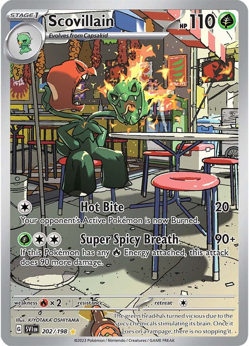 A Secret Rare Pokémon card from the Scarlet & Violet: Base Set, featuring Scovillain. This green, Grass-type creature with an angry expression has 110 HP and evolves from Capsakid. The setting includes laboratory equipment. It possesses the abilities Hot Bite and Super Spicy Breath and is labeled as SV1EN 202/198 in the Pokémon collection.