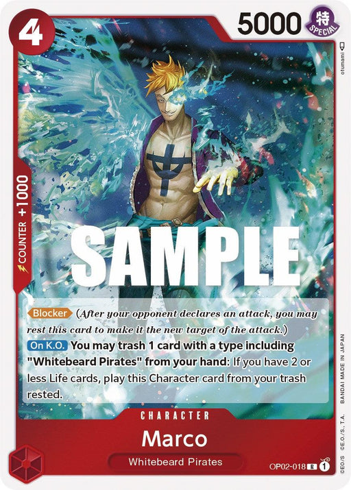 A character card for Marco [Paramount War] from Bandai, featuring an illustrated blond man with blue flames and a tattoo on his chest. The card has a red border and "Sample" written across the front. It includes stats like 5000 power, 4 cost, and special abilities in text boxes.