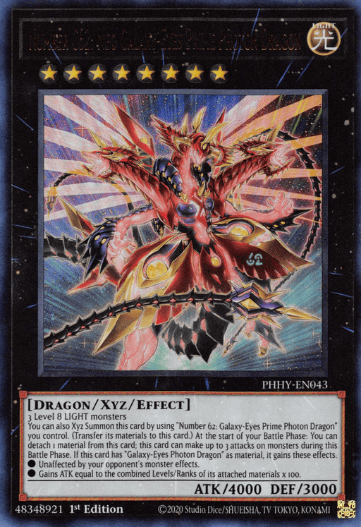 A Yu-Gi-Oh! trading card titled "Number C62: Neo Galaxy-Eyes Prime Photon Dragon [PHHY-EN043] Ultra Rare." This Ultra Rare Xyz/Effect Monster features a powerful dragon with shimmering wings and vibrant red, gold, and purple armor. The card showcases "ATK/4000 DEF/3000" in the bottom right corner and detailed stats and effects in the description box.