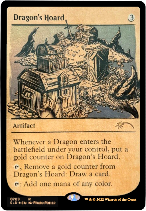 This image displays a "Dragon's Hoard (Showcase)" card from the Secret Lair Drop Promos by Magic: The Gathering. The artwork depicts wooden chests brimming with gold counters among dragon bones, highlighting its artifact abilities to draw cards or generate mana.