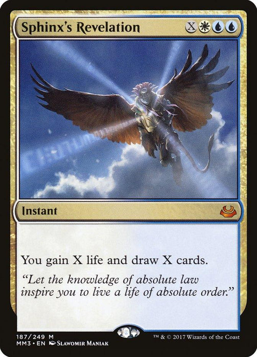 A Magic: The Gathering card titled "Sphinx's Revelation [Modern Masters 2017]." This Mythic Instant features art depicting a sphinx flying through beams of light, wings spread wide. The card has gold and blue border accents and reads "You gain X life and draw X cards." Flavor text: "Let the knowledge of absolute law inspire you to live a life of absolute order." Found in Modern Masters 2017.