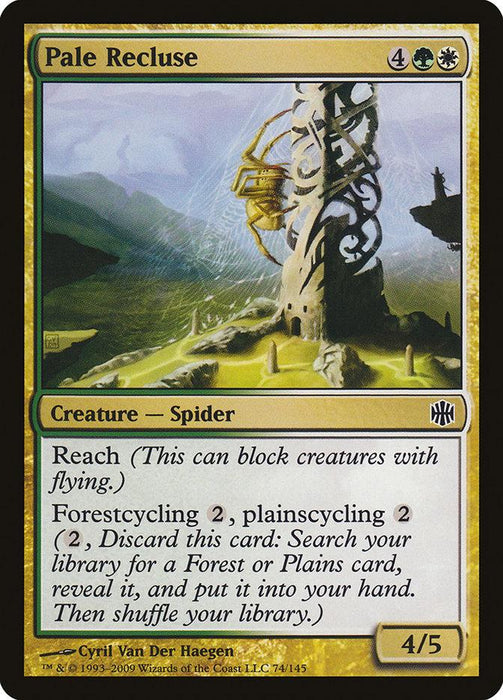 A Magic: The Gathering card titled "Pale Recluse [Alara Reborn]." It is a green and white spider creature card with a mana cost of 4 colorless, 1 green, and 1 white. The creature has 4 power and 5 toughness, featuring abilities like Reach, Forestcycling, and Plainscycling. Art by Cyril Van Der Haegen.
