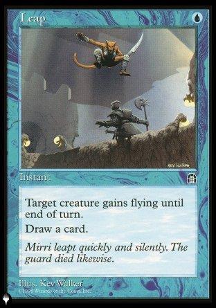 A Magic: The Gathering card titled "Leap [The List]" has a blue border and an illustration of a cat-like creature leaping over a guard with a spear. The instant's text reads: "Target creature gains flying until end of turn. Draw a card." The flavor text says: "Mirri leapt quickly and silently. The guard died likewise.
