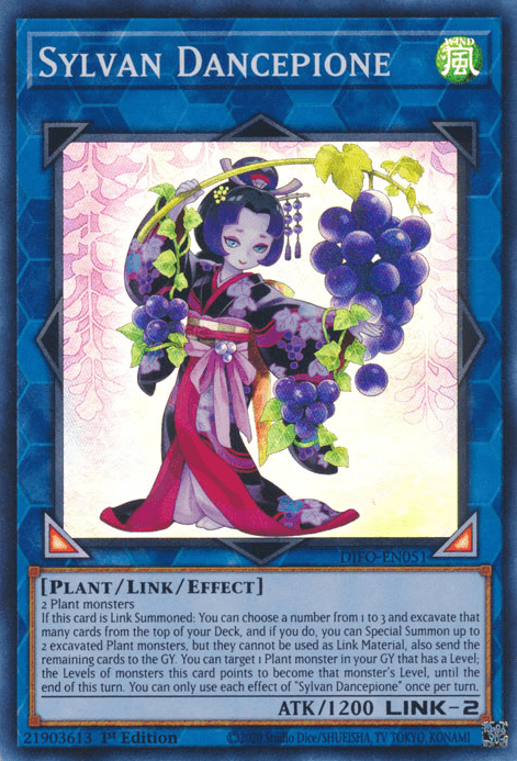 A "Yu-Gi-Oh!" trading card titled "Sylvan Dancepione [DIFO-EN051] Super Rare," featuring a whimsical plant-themed character wearing a kimono adorned with floral patterns and holding a fan. The background is a blue-framed holographic design, indicating it's a rare card meant for Plant monsters. Text describing the card's abilities is at the bottom.