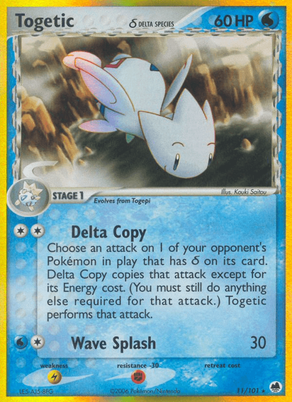 This Togetic card from the Pokémon EX: Dragon Frontiers series features 60 HP and is a Holo Rare Water-type Delta Species. It evolves from Togepi and is equipped with the "Delta Copy" ability to replicate an opponent's attack, alongside the "Wave Splash" move that deals 30 damage. Illustrated by Kouki Saitou, this card is numbered 11/101.