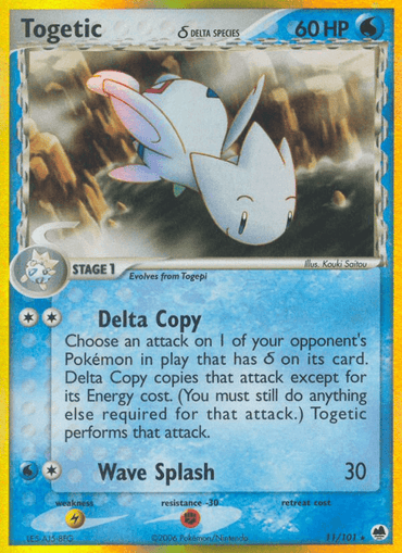 This Togetic card from the Pokémon EX: Dragon Frontiers series features 60 HP and is a Holo Rare Water-type Delta Species. It evolves from Togepi and is equipped with the "Delta Copy" ability to replicate an opponent's attack, alongside the "Wave Splash" move that deals 30 damage. Illustrated by Kouki Saitou, this card is numbered 11/101.