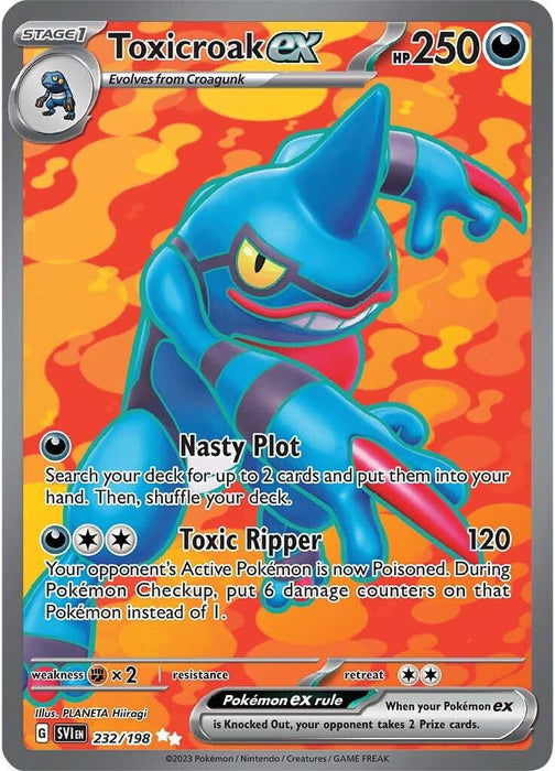 A Secret Rare Pokémon card of Toxicroak ex (232/198) [Scarlet & Violet: Base Set], from the Pokémon series. This Darkness-type card boasts 250 HP and showcases two attacks: "Nasty Plot" and "Toxic Ripper." Numbered 232/198, it features a rarity symbol of a star encased in a yellow circle.