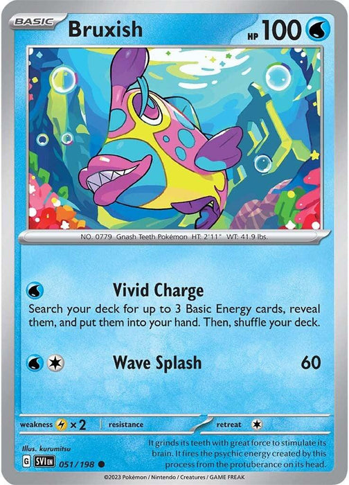 A Pokémon Bruxish (051/198) [Scarlet & Violet: Base Set] card featuring a colorful fish-like Pokémon with vibrant purple and pink scales, large lips, and sharp teeth. The water type card boasts 100 HP and includes two moves: Vivid Charge and Wave Splash. Below the moves, the illustrator's name and card number are displayed.