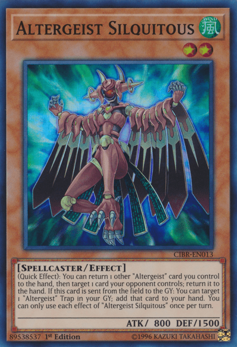 A Yu-Gi-Oh! trading card featuring the Super Rare monster "Altergeist Silquitous [CIBR-EN013]" with 800 ATK and 1500 DEF. The purple, winged, humanoid figure with long arms and claws is a Spellcaster/Effect type. Its abilities are described on the card set against a vibrant, magical background.