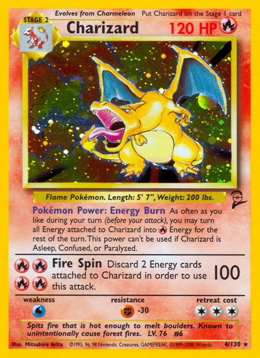 Here's an image of a Charizard (4/130) [Base Set 2] Pokémon card. This Holo Rare card showcases Charizard, a dragon-like creature with orange skin and large wings in an energetic pose. The card boasts 120 HP and fiery abilities such as Energy Burn and Fire Spin while also highlighting its stats, weaknesses, and the artist's credit.