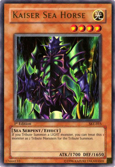 A Yu-Gi-Oh! trading card featuring "Kaiser Sea Horse [SKE-015] Ultra Rare," an Ultra Rare LIGHT monster. The sea serpent is depicted with glowing, dark blue and purple armor. As an Effect Monster, it has an ATK of 1700 and DEF of 1650, and can be treated as two tributes for summoning a LIGHT monster.
