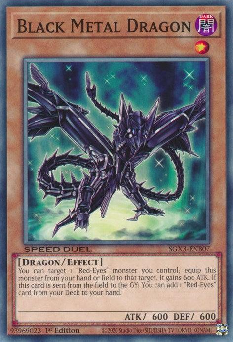 A Yu-Gi-Oh! trading card named Black Metal Dragon [SGX3-ENB07] Common. It depicts a dark, futuristic dragon with metal armor and glowing green accents. As an Effect Monster, its abilities are detailed below the illustration. The card's stats are 600 Attack and 600 Defense, and it belongs to the 