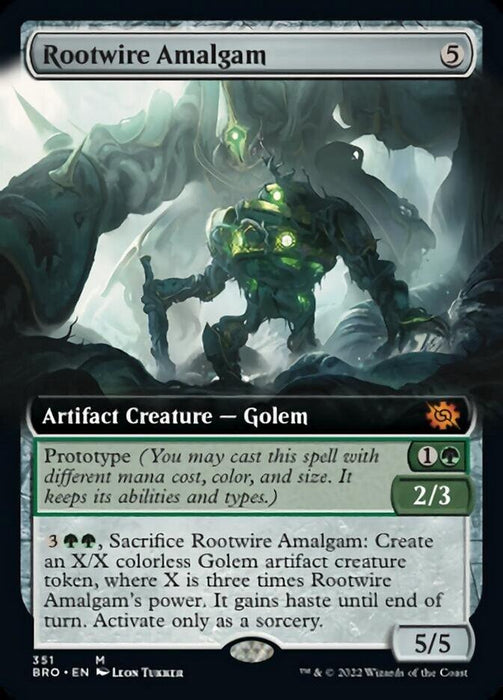 The image showcases a Mythic rarity Magic: The Gathering card titled "Rootwire Amalgam (Extended Art) [The Brothers' War]." This Artifact Creature – Golem with a green mana cost of 1G has base stats of 2/3 and features a prototype ability. By paying (3GG), it can transform into an X/X Golem. Its standard mana cost is 5, granting it stats of 5/