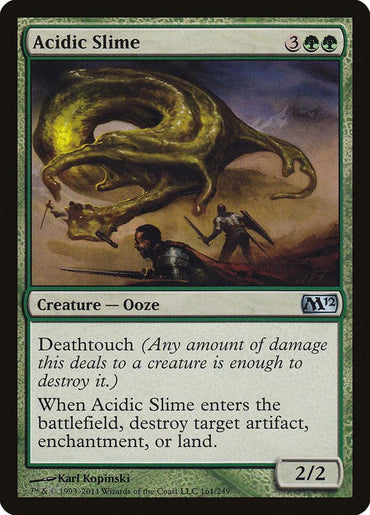 A Magic: The Gathering card titled "Acidic Slime [Magic 2012]" features a Creature Ooze. The illustration depicts a green, viscous, slug-like creature attacking two soldiers. This card boasts Deathtouch and has the special effect to destroy target artifact, enchantment, or land upon entering the battlefield.