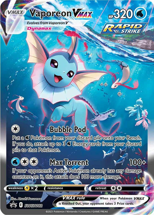 A Pokémon card for Vaporeon VMAX (SWSH182) [Sword & Shield: Black Star Promos], a Water type from the Sword & Shield series, features Vaporeon swimming underwater with other sea creatures. This Pokémon card has 320 HP, is a Rapid Strike card, and boasts the attacks Bubble Pod and Max Torrent. It is marked with the number "SWSH182," detailing its various stats and special abilities.