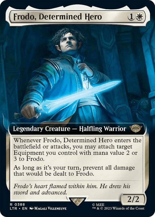 A Magic: The Gathering card titled "Frodo, Determined Hero (Extended Art) [The Lord of the Rings: Tales of Middle-Earth]" from The Lord of the Rings set. It depicts Frodo holding a glowing sword. The card costs one white and one generic mana, is a legendary Halfling Warrior creature with 2 power and 2 toughness, featuring abilities related to Equipment and damage prevention.