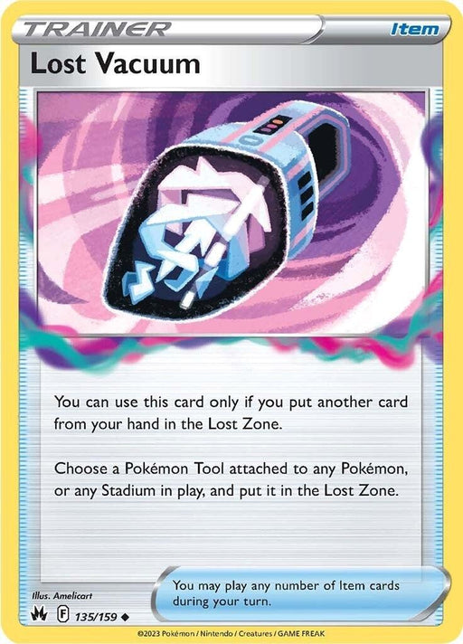 A Pokémon trading card titled "Lost Vacuum (135/159) [Sword & Shield: Crown Zenith]," illustrated by Amelicart. The card, part of the Crown Zenith set from the 2023 Sword & Shield series, depicts a futuristic vacuum cleaner in space. It includes instructions and the Pokémon, Nintendo, Creatures, and GAME FREAK trademarks. Numbered 135/159, it's an uncommon find.