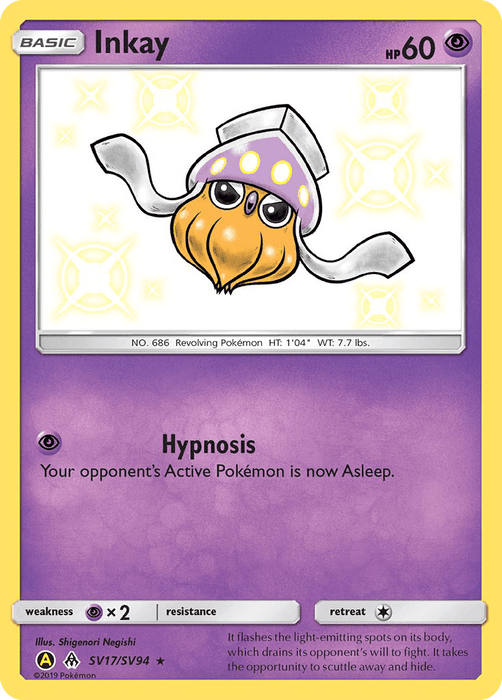 A Pokémon Inkay (SV17/SV94) [Sun & Moon: Hidden Fates - Shiny Vault] card from the Shiny Vault depicts Inkay, a squid-like creature with a pink head adorned with yellow and white spots, yellow tentacles, and a wide-eyed expression. The card has 60 HP and features the attack "Hypnosis," putting the opponent’s Active Pokémon to sleep. The card's border is yellow.