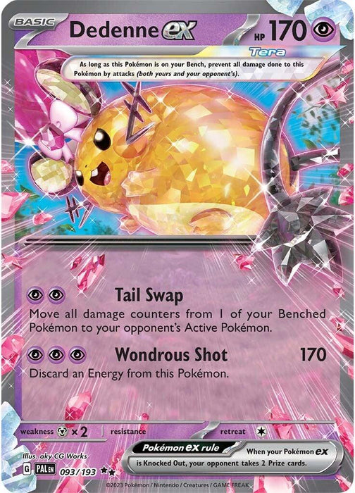 A Pokémon Dedenne ex (093/193) [Scarlet & Violet: Paldea Evolved] from the Pokémon series featuring Dedenne ex with 170 HP. The Double Rare card showcases colorful artwork of a yellow mouse-like creature with large pink ears and a sparkling background. Attack moves include Tail Swap and Wondrous Shot, along with details on effects, energy requirements, and weaknesses. Card number 093/193.