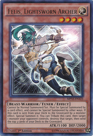 A "Yu-Gi-Oh!" trading card featuring the Ultra Rare "Felis, Lightsworn Archer [MP15-EN123]." The card has an image of a female archer with turquoise hair, wielding a glowing arrow and dressed in fantasy armor. Card details include Level 4, LIGHT attribute, Beast-Warrior type, 1100 ATK, 2000 DEF and special effect text.