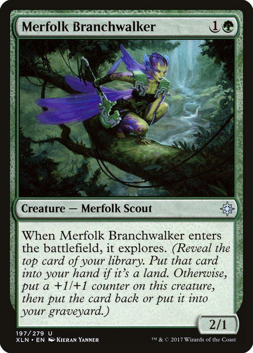 A Magic: The Gathering product titled "Merfolk Branchwalker [Ixalan]" depicts a green-blue-colored merfolk creature with fins, holding a staff. This Ixalan card costs one generic and one green mana, has 2 power and 1 toughness, explores when entering the battlefield, and features flavor text at the bottom.