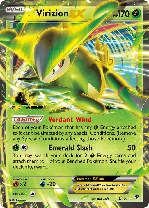 A Pokémon trading card featuring the Ultra Rare Virizion EX (9/101) [Black & White: Plasma Blast] from Pokémon. The card has vibrant green and yellow hues, showing Virizion in an action pose. It has 170 HP and features the Verdant Wind ability and Emerald Slash attack. Various stats like weakness, resistance, and retreat cost are displayed at the bottom.