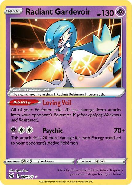 The exclusive Pokémon Radiant Gardevoir (069/196) [Prize Pack Series Three] trading card features a blue and white humanoid Pokémon with flowing hair in an elegant stance. This Psychic-type card has 130 HP and boasts abilities such as "Loving Veil" and "Psychic." Part of the Prize Pack Series Three, it includes detailed game-related text and stats.