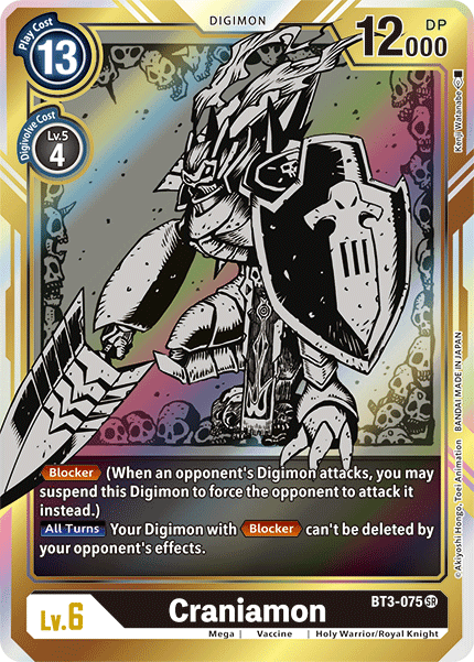 Introducing the Craniamon [BT3-075] (Alternate Art) from the Digimon Release Special Booster Ver.1.5 series, a super rare trading card. This Level 6 Mega Digimon boasts a play cost of 13, a digivolve cost of 4, and an impressive 12,000 DP. Its attributes include Blocker and a unique ability that prevents deletion by opponent's effects if it has Blocker. The card artwork showcases Craniamon in intricate robotic armor for an added visual treat.