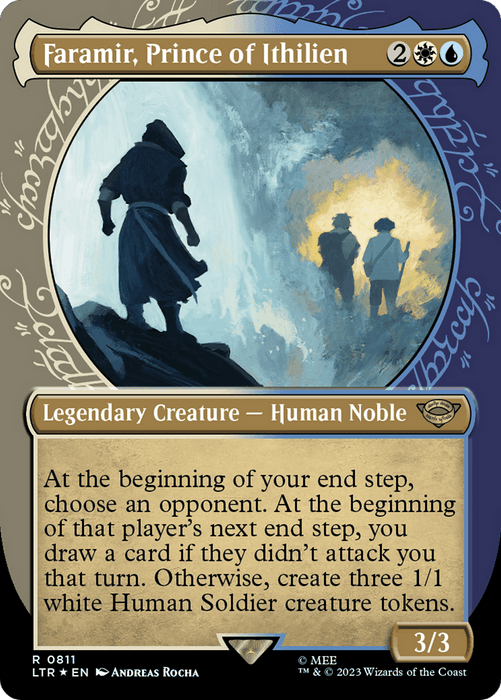A "Magic: The Gathering" card called "Faramir, Prince of Ithilien (Showcase) (Surge Foil) [The Lord of the Rings: Tales of Middle-Earth]." This Legendary Creature - Human Noble from the Tales of Middle-Earth set has abilities to draw cards or create soldier tokens. The artwork depicts Faramir with a group in a forested area, flanked by ancient tree engravings.