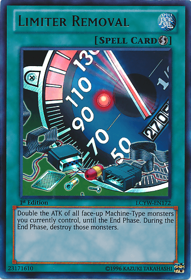 The image shows the Yu-Gi-Oh! Quick Play Spell card "Limiter Removal [LCYW-EN172] Ultra Rare". It features an illustration of a machinery dial with numbers increasing in a clockwise direction. A blue circular gauge, dials, and mechanical components are visible. The card text describes doubling ATK of Machine-Type monsters and destroying them in the End Phase.
