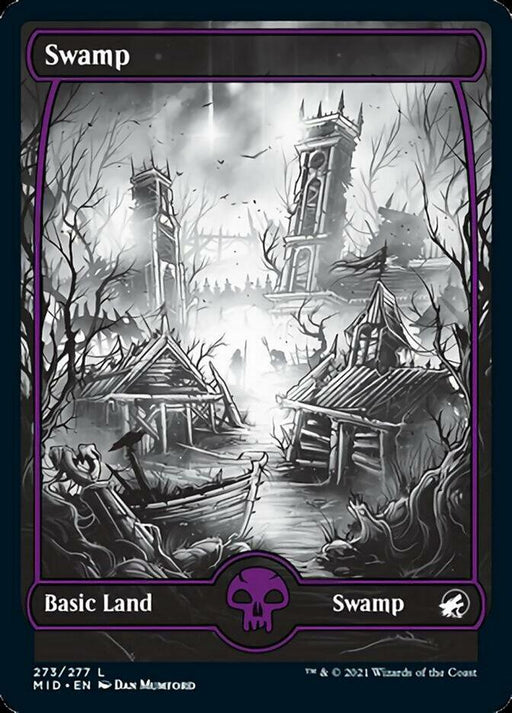 A black-and-white illustration of an eerie, decayed swamp from Magic: The Gathering's Swamp (273) [Innistrad: Midnight Hunt] features a sunken structure and a leaning, dilapidated tower surrounded by leafless trees. The sky is dark and ominous, with birds flying in the background. The card text reads "Swamp" with the skull symbol for Basic Land and the number 273/277.