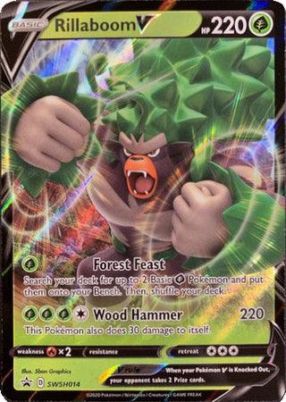 A Pokémon trading card featuring **Rillaboom V (SWSH014) [Sword & Shield: Black Star Promos]**. The card displays an illustration of Rillaboom, a large, green, ape-like Pokémon with bushy hair, pounding a drum. This Basic Grass-type card from the **Pokémon** series has 220 HP and two attacks: Forest Feast and Wood Hammer. It is identified as card number SWSH014.