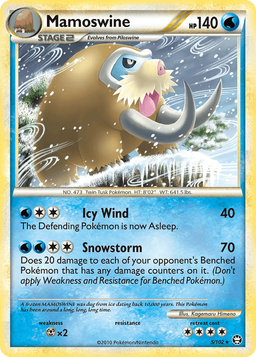 A Pokémon trading card for Mamoswine (5/102) [HeartGold & SoulSilver: Triumphant] from Pokémon, a Holo Rare dual-type Ice/Ground Pokémon. The card features Mamoswine, a large, woolly mammoth-like creature with impressive tusks. It has 140 HP and two attacks: "Icy Wind" and "Snowstorm." The icy background is adorned with snowflakes. The card is