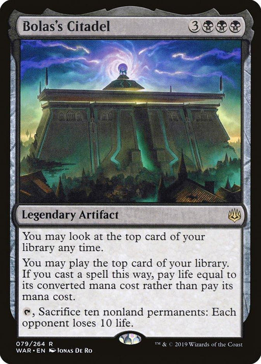 The image shows a Magic: The Gathering card named "Bolas's Citadel [War of the Spark]," a rare, legendary artifact from Magic: The Gathering. It costs 3 black mana and 3 generic mana. The card's abilities include looking at the top card of your library any time, playing the top card, and sacrificing ten nonland permanents. The artwork features a dark, menacing fortress with glowing